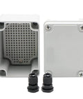 Weatherproof Outdoor Electrical Box With Cover IP67 Dustproof Enclosure For Outdoor Use Universal Durable Cable Box Measures 4.33 Inch 3.15 Inch 3.35 Inch Includes Two NPT One Quarter Inch Glands Ideal For Wet Environments with open and closed views showing included glands