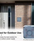 Installed Weatherproof Outdoor Light Switch 15A IP66 One Gang SPDT 110-250V shown on brick wall with highlighted features.