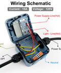 Weatherproof Outdoor Light Switch 15A IP66 One Gang SPDT 110-250V with Cable Glands wiring schematic, showing internal connections.