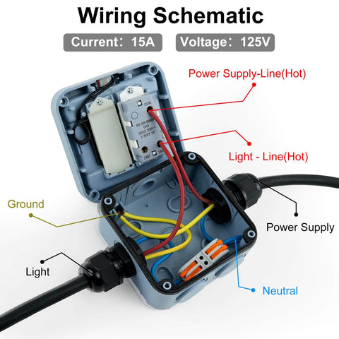 Weatherproof Outdoor Light Switch 15A IP66 One Gang SPDT 110-250V with Cable Glands wiring schematic, showing internal connections.