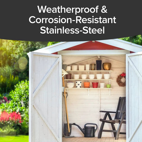 Open garden shed showing weatherproof and corrosion-resistant stainless steel Ultra Thin Magnetic Cabinet And Drawer Magnets Sets For Quick Easy Peel And Stick Installation Slim Design Fits Virtually Anywhere Includes Eight Sets For Full Kitchen And Home Use.