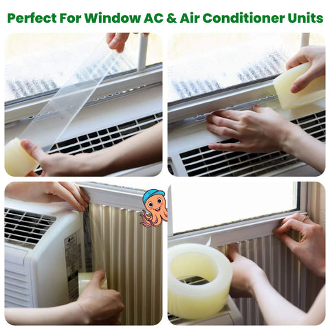 Applying Window Weather Sealing Tape to AC unit and window gaps for insulation and draft blocking, 2 inch by 90 FT, clear