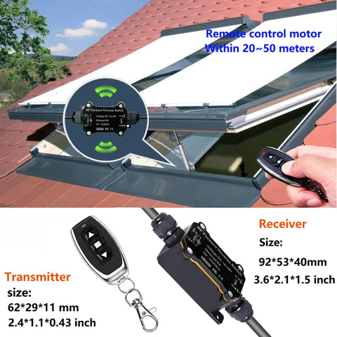 Weatherproof Wireless DC Remote Switch for 12 to 48 volt doors and shutters showing receiver and transmitter with sizes.