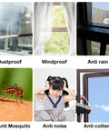 Illustration showing benefits of 33 Ft Gray Self-Adhesive Soundproofing Weather Stripping for Doors and Windows, including dustproof, windproof, anti-rain, anti-mosquito, anti-noise, and anti-collision features.