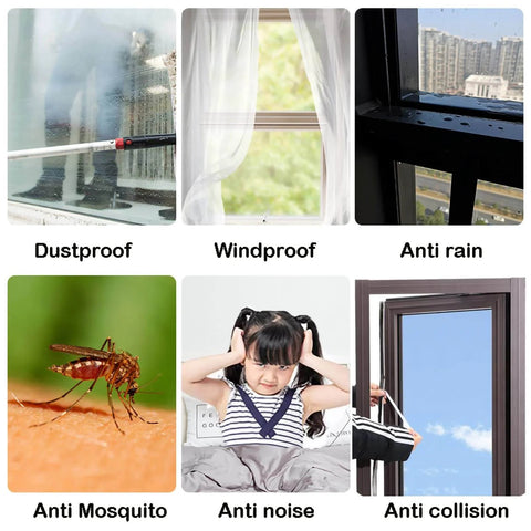 Illustration showing benefits of 33 Ft Gray Self-Adhesive Soundproofing Weather Stripping for Doors and Windows, including dustproof, windproof, anti-rain, anti-mosquito, anti-noise, and anti-collision features.