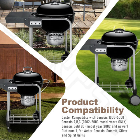 Weber grill with installed Weber Caster Wheel For Gas Grills Stem Style Locking Swivel Caster 6414 306414 Replacement Fits Genesis 1000 5000 Genesis A B C Silver Summit Spirit Grills Also Fits Ranch Kettle And Performer Charcoal Grills Includes Insert Two And Five Sixteenth Inch.