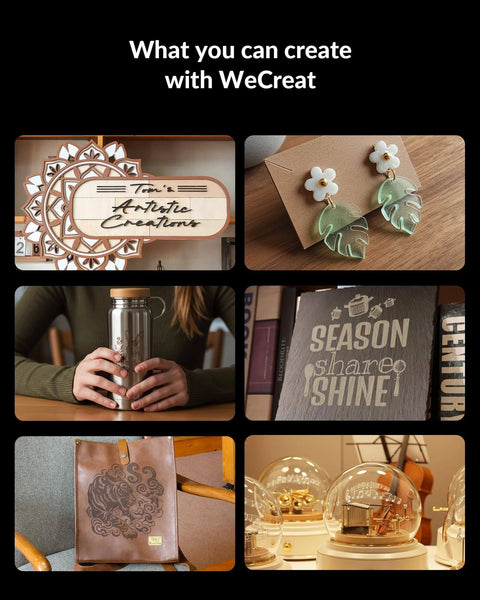 Collage of creative crafts made with the Vision Pro 45W Laser Engraver, including jewelry, signs, and home decor items.
