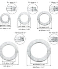 Size variations of Vibration Resistant Wedge Locking Washers For M8 To M20 Bolts 90 Pcs Mn Steel showing dimensions.