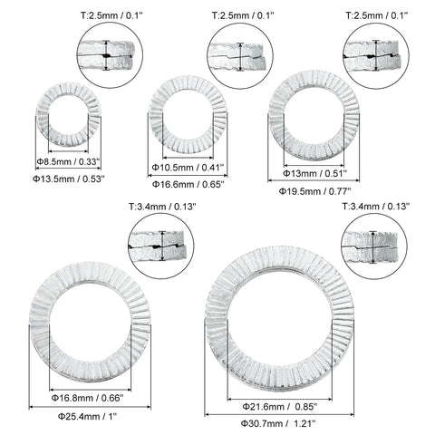 Size variations of Vibration Resistant Wedge Locking Washers For M8 To M20 Bolts 90 Pcs Mn Steel showing dimensions.