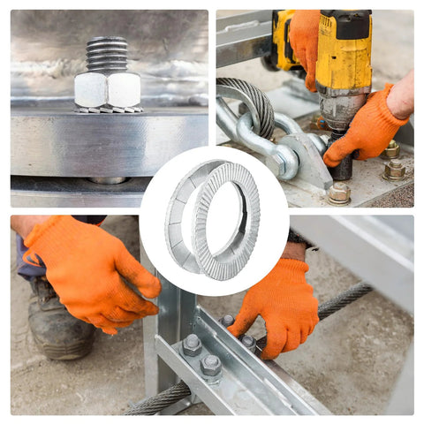 Vibration Resistant Wedge Locking Washers For M8 To M20 Bolts 90 Pcs Mn Steel in use with machinery and tools close-up