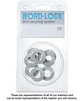 Package of Nord-Lock Wedge Locking Washers For 3/8 In Bolts Steel Zinc Flake 20 Pairs visible in a plastic container.