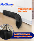 Weighted Door Draft Stopper, 36 Inch Heavy Duty Under Door Blocker With Hook And Loop Fastening, 4.5 Inch Wide Bottom Door Seal For Noise Reduction, Energy Saving, And Spill Prevention, Black installed under door with hanging view.