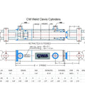 Diagram of Weld Clevis Cylinder with 3 1/2" Bore x 6" Stroke x 1 3/4" Rod x SAE 8 Port, showing dimensions and specifications.