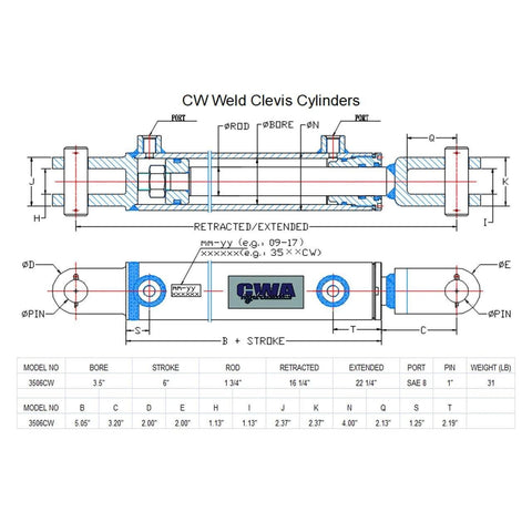 Diagram of Weld Clevis Cylinder with 3 1/2" Bore x 6" Stroke x 1 3/4" Rod x SAE 8 Port, showing dimensions and specifications.
