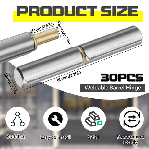 30 Pack Weld On Bullet Hinges 2-1/2 X 3/8 Inch Heavy Duty Carbon Steel Detachable Gate Hinges for Swing Doors, product size details