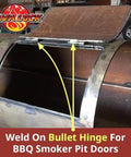 Open BBQ smoker showcasing installed 3 Inch Steel Weld On Bullet Hinge With Zerk Grease Fitting And Brass Bushing 2 Pack Heavy Duty Hinge.