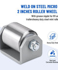 Weld on steel micro 2 inches roller wheel with grease nipple, ideal for RV and trailers, showing heavy duty steel and rust resistance.