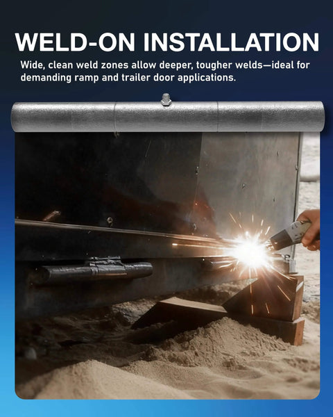 10 Inch Weld On Trailer Ramp Hinge being welded to metal frame, showcasing heavy steel construction for secure installation