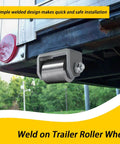 Rear Trailer Rollers, Heavy Duty Steel Trailer Skid Wheel installed on trailer corner for smooth motion.
