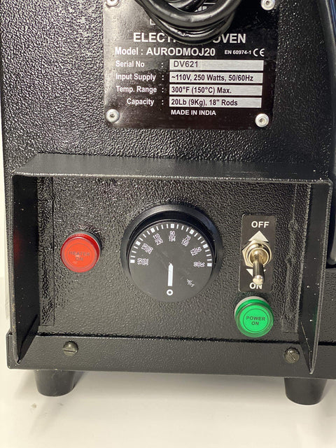 Front control panel of Portable 20 Lb Dry Stick Welding Electrode Oven with Temperature Control Thermostat, black casing.