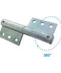 Close-up of Six Pack Weldable Lift Off Flag Hinges showing 360° rotation and pre-punched holes for doors and trailer ramps.