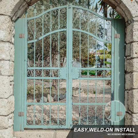 Decorative gate installed with 4 Pieces Heavy Duty Weldable Hinges, Steel Butt Hinge Design for Heavy Gates and Doors Corrosion Rust Resistant 2.4 x 2.9 inch.