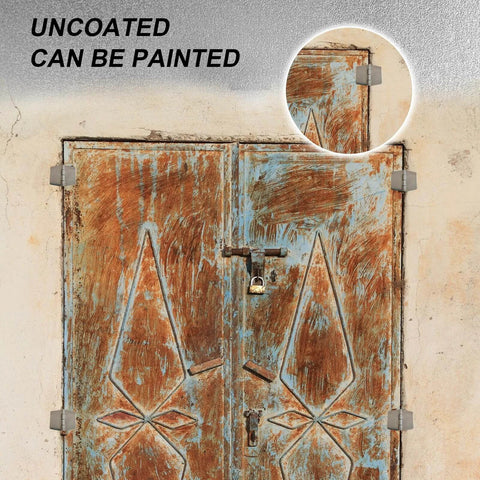 Rustic gate with 4 Pieces Heavy Duty Weldable Hinges, Steel Butt Hinge Design for Heavy Gates and Doors Corrosion Rust Resistant 2.4 x 2.9 inch installed, uncoated for painting.