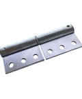 Heavy-duty steel weldable flag hinge with four by one and a half inch leaves, featuring pre-punched holes for doors and trailer ramps.