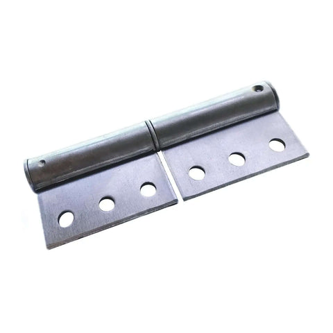 Heavy-duty steel weldable flag hinge with four by one and a half inch leaves, featuring pre-punched holes for doors and trailer ramps.