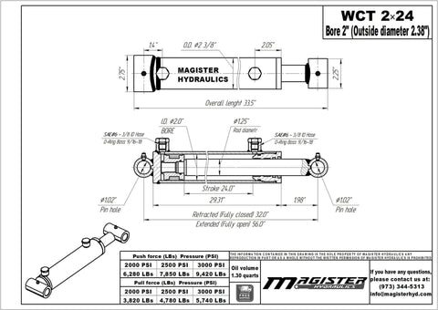 Engineering diagram of Direct From Manufacturer 2 Inch Bore 24 Inch Stroke Welded Heavy Duty Hydraulic Cylinder With Cross Tube Ends Double Acting Piston 3500 PSI Rating 8400 Lb Load SAE 6 Ports Universal Hydraulic Ram Magister.
