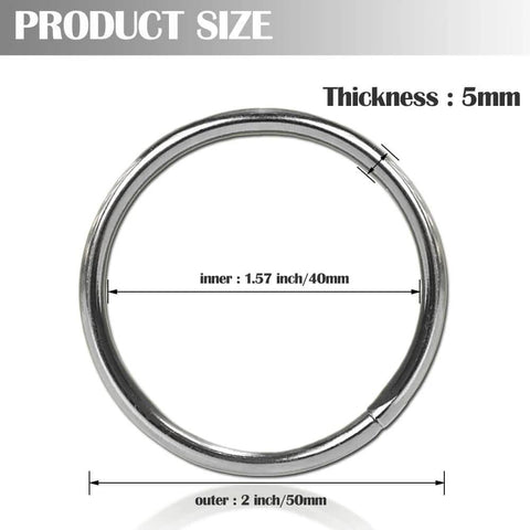 Heavy Duty 2 Inch Macrame Rings Set Built Tough With Welded O Rings 50mm Outer Diameter 5mm Wire Thick 10 Pack, size details shown