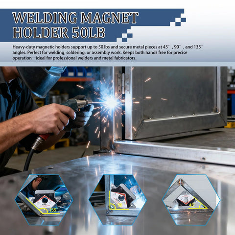 Welding professional using 50LB magnet, showcasing Comprehensive 22 Piece Welding Accessories Kit With Heavy Duty Chipping Hammer