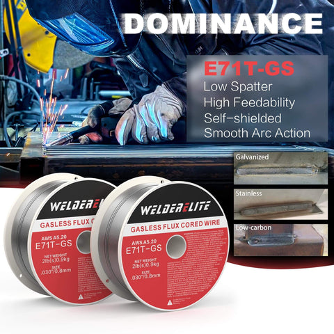 Welder using Ready To Weld 0.030 Inch Gasless Flux Core MIG Wire, 2 Pack 2lb Each for galvanized, stainless, and mild steel projects.