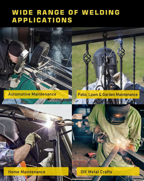 2 In 1 MMA Lift TIG Welder With Dual Voltage 110V 220V LCD Display shown in diverse applications: automotive, garden, home, crafts