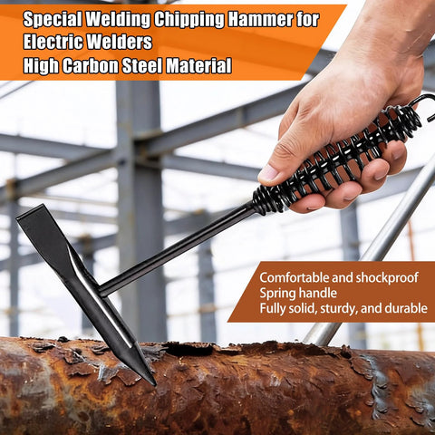 Complete Welding Accessories Tools Kit For Beginners including 10.5 inch chipping hammer in use, showing steel construction and spring handle.