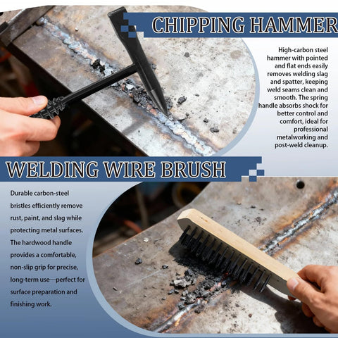 Chipping hammer and welding wire brush from Comprehensive 22 Piece Welding Accessories Kit With Heavy Duty Chipping Hammer Soapstone Holder 16 Foot Tape Measure 50 Pound Magnet Triple Flint Striker Torch Cleaner Wire Brush And More.