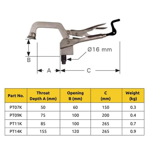 Heavy Duty Five Eighths Inch Insert Table Mounted Clamp With Rear Crank Handle For BuildPro Welding Tables diagram and specs