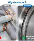 Comparison of weld beads, left showing rough welds by others, right showing smooth welds with ER308L Stainless Steel TIG Welding Rods 1 Sixteenth Inch by 16 Inch, 30 Piece Pack, Low Spatter and Corrosion Resistant Filler Rods for TIG Welding, Pro Grade for Professionals and DIY Enthusiasts.