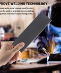 Person holding a welding coupon, 5Pcs 2x6 Inch Welding Coupons Kit For MIG TIG Arc Weld Training And Practice One Eighth Inch Thick Mild Steel Plates 11 Gauge Coupons For DIY Welding Projects Glarks 5 Piece Dope Set.