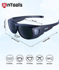 Wraparound Welding Glasses With UV Protection And Anti Scratch Lens ANSI OSHA dimensions and side view illustration