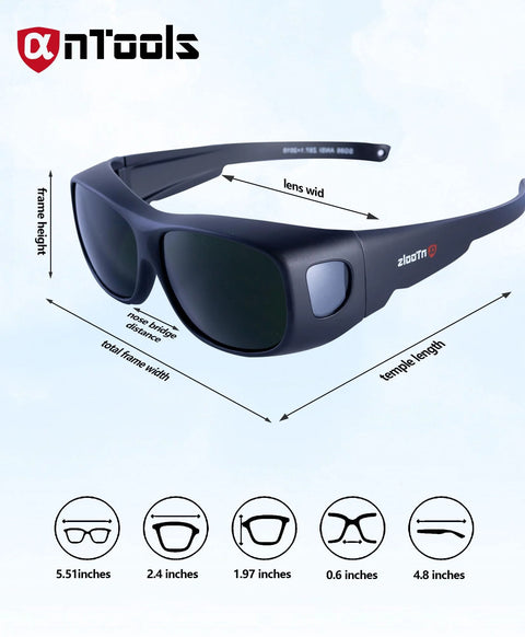 Wraparound Welding Glasses With UV Protection And Anti Scratch Lens ANSI OSHA dimensions and side view illustration