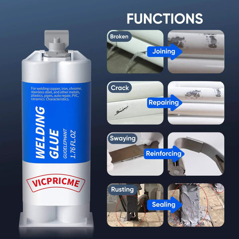 Heavy Duty Epoxy Adhesive For Metal, Plastic, Ceramic, Wood And Glass, Waterproof, Sets In Five Minutes 1.76 fl oz bottle with uses.