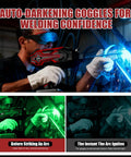 Welder using Upgraded Handheld Welder With LED Display Portable IGBT Inverter Stick Welder 110V, wearing auto-darkening goggles