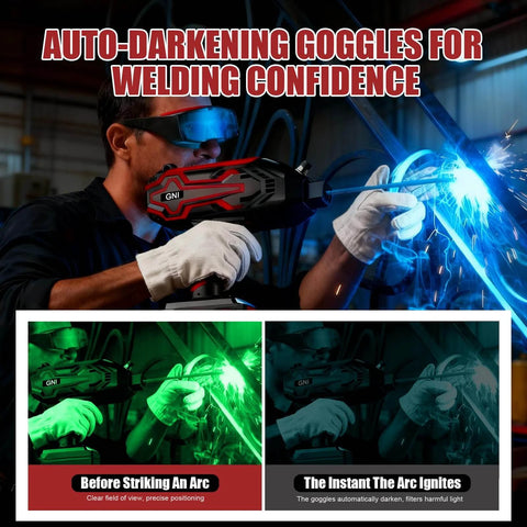 Welder using Upgraded Handheld Welder With LED Display Portable IGBT Inverter Stick Welder 110V, wearing auto-darkening goggles