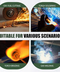 Collage of four images showing welding, torch cutting, soldering, and brazing, illustrating uses for Welding Goggles Shade 5 IR Lens.