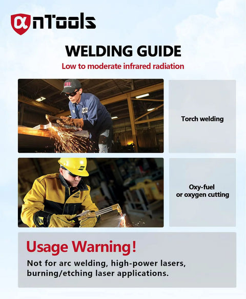 Welding guide showing torch welding and oxy-fuel cutting, with usage warning for high-power laser applications.