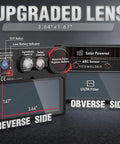 Auto Darkening Welding Helmet With Blue Light Blocking Outer Lens featuring solar-powered arc sensor controls, obverse and reverse view.