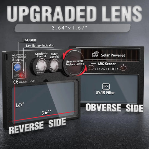 Auto Darkening Welding Helmet With Blue Light Blocking Outer Lens featuring solar-powered arc sensor controls, obverse and reverse view.