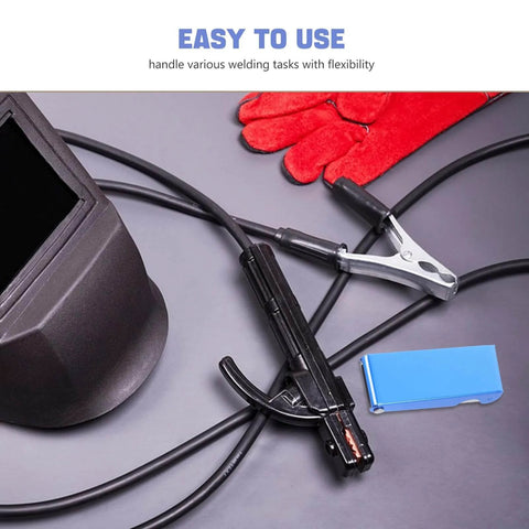 Welding tools and cables on table, including gloves, clamp, and helmet, for Stainless Steel Welding Nozzle Tip Cleaner Kit 13 Piece High Temp Resistant Torch Cleaning Set For Gas Welding Arc Welding Outdoor Repairs And Essential Welding Gear.
