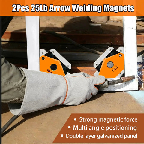 Close-up of arm in gray welding glove using the Complete Welding Accessories Tools Kit For Beginners, focusing on 25Lb welding magnet.